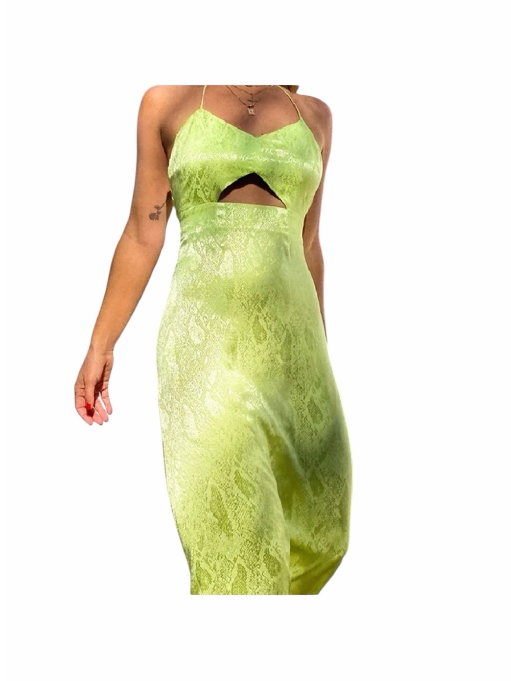 AFRM Radish Dress in Lime Green Snake Jacquard Midi Halter Front Cutout Slip NWT - Picture 16 of 16